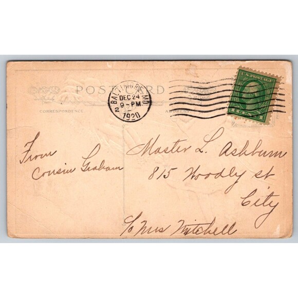 Antique Postcard Christmas Greetings Children Snow Sledding 1920 Embossed MD - Picture 2 of 2